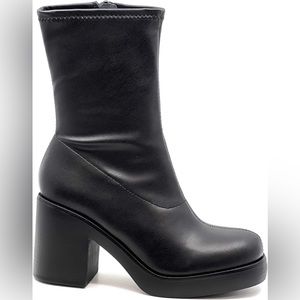 Chunky Block Heel Platform Mid Calf Ankle Boots